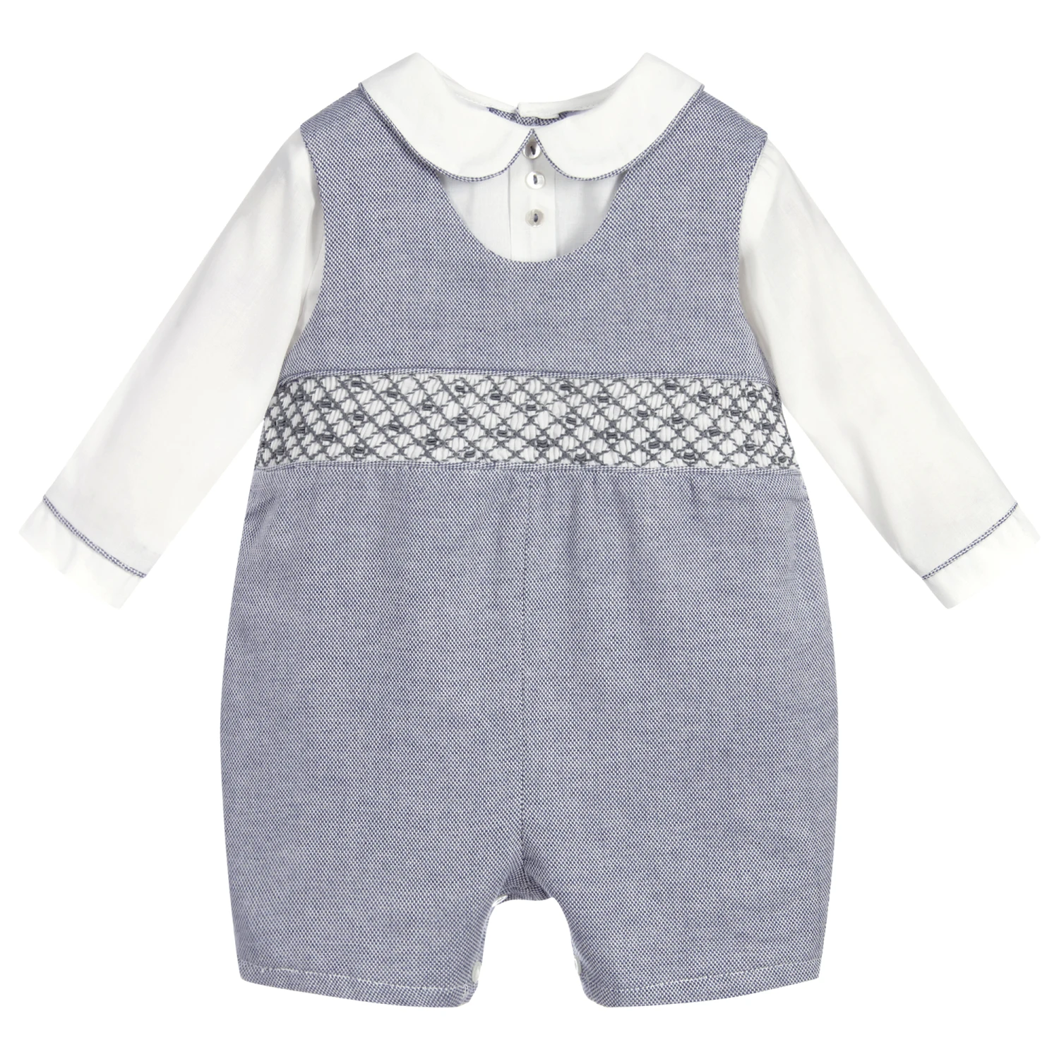 Sarah Louise Blue & Ivory Smocked Romper 1 Sarah Louise Blue & Ivory Smocked Romper