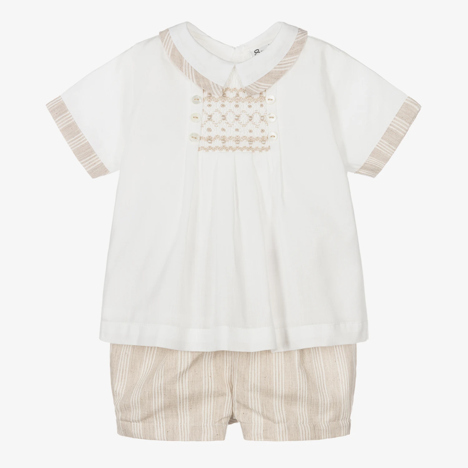 Sarah Louise Boys Ivory & Beige Stripe Cotton Shorts Set 1 Sarah Louise Boys Ivory & Beige Stripe Cotton Shorts Set