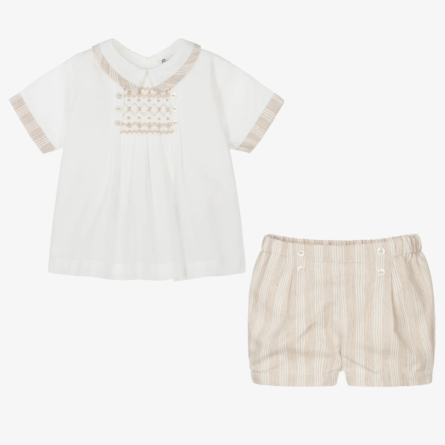 Sarah Louise Boys Ivory & Beige Stripe Cotton Shorts Set 2 Sarah Louise Boys Ivory & Beige Stripe Cotton Shorts Set - Image 2