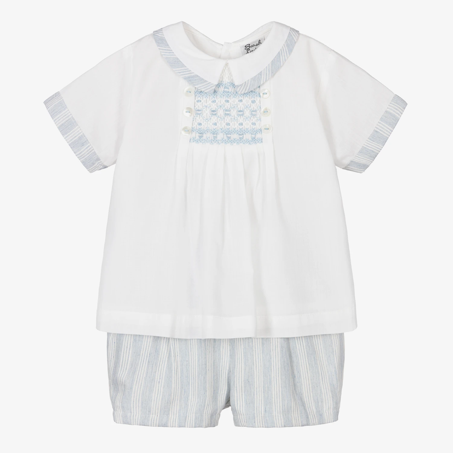 Sarah Louise Boys Ivory & Blue Stripe Cotton Shorts Set 1 Sarah Louise Boys Ivory & Blue Stripe Cotton Shorts Set