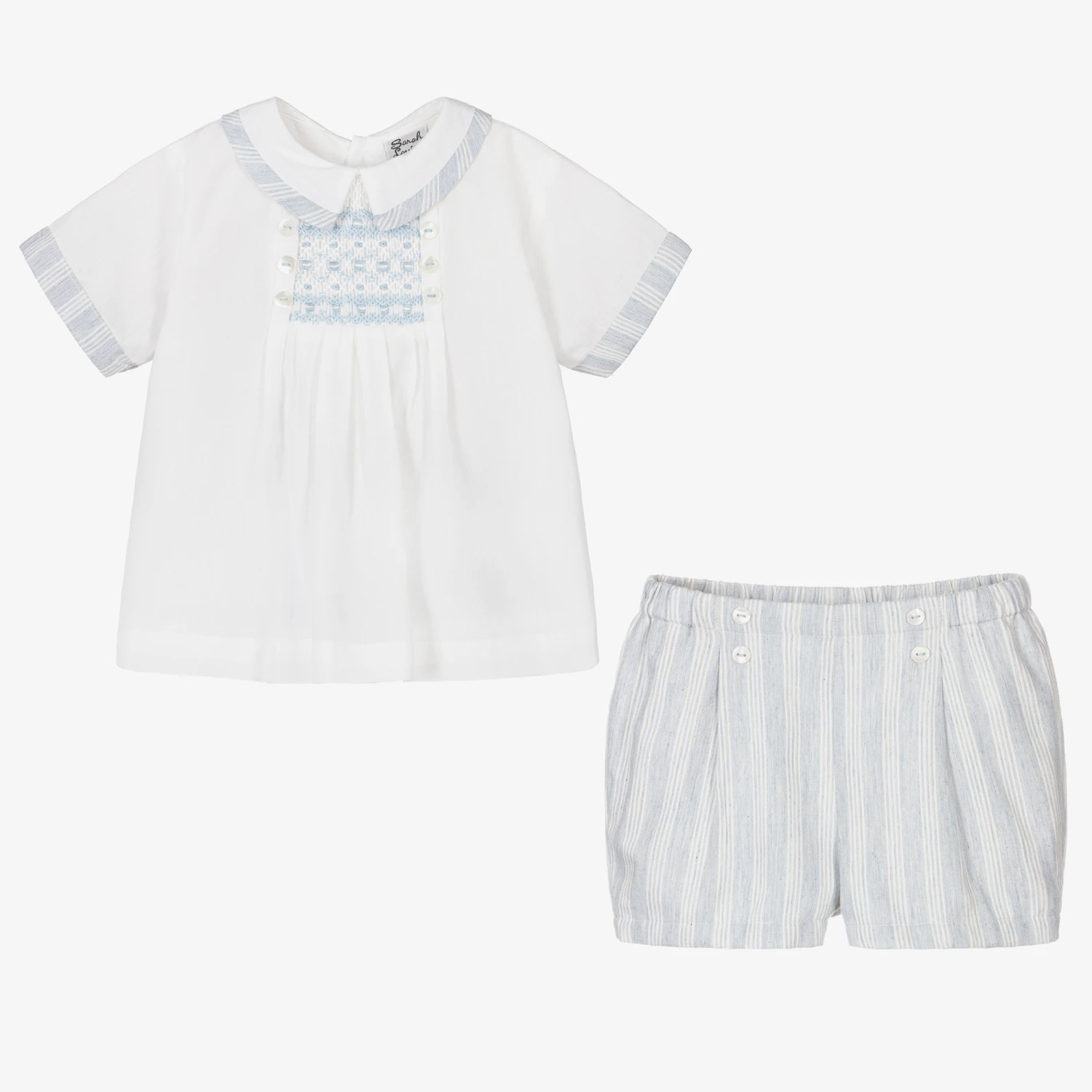 Sarah Louise Boys Ivory & Blue Stripe Cotton Shorts Set 2 Sarah Louise Boys Ivory & Blue Stripe Cotton Shorts Set - Image 2