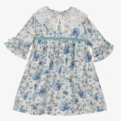 Sarah Louise Girls Blue Cotton Floral Dress