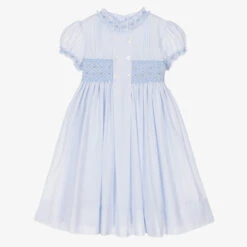 Sarah Louise Girls Blue Cotton Hand-Smocked Dress