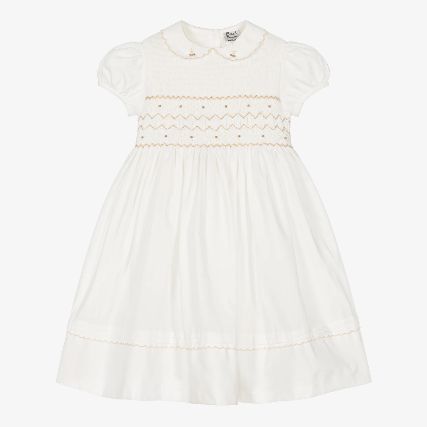 Sarah Louise Girls Ivory & Beige Smocked Dress 1 Sarah Louise Girls Ivory & Beige Smocked Dress