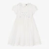 Sarah Louise Girls Ivory & Blue Cotton Hand-Smocked Dress