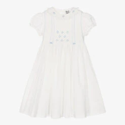 Sarah Louise Girls Ivory & Blue Cotton Hand-Smocked Dress