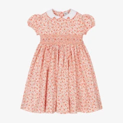 Sarah Louise Girls Orange Cotton Floral Smocked Dress