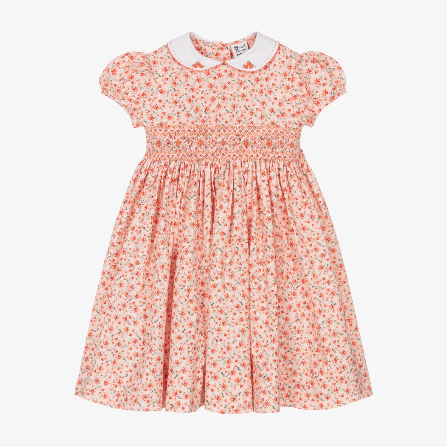 Sarah Louise Girls Orange Cotton Floral Smocked Dress 1 Sarah Louise Girls Orange Cotton Floral Smocked Dress