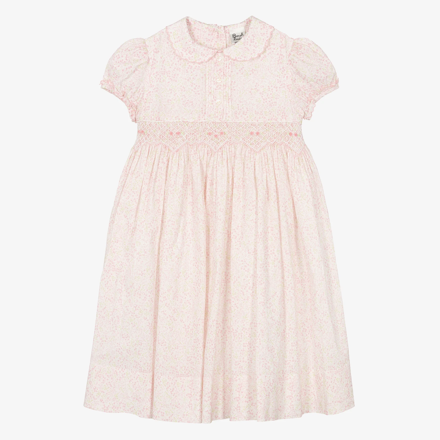 Sarah Louise Girls Pink Floral Hand-Smocked Cotton Dress 1 Sarah Louise Girls Pink Floral Hand-Smocked Cotton Dress