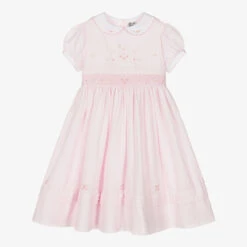 Sarah Louise Girls Pink Floral Hand-Smocked Dress