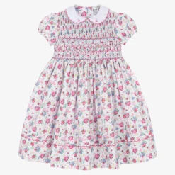 Sarah Louise Girls Pink Floral Smocked Cotton Dress