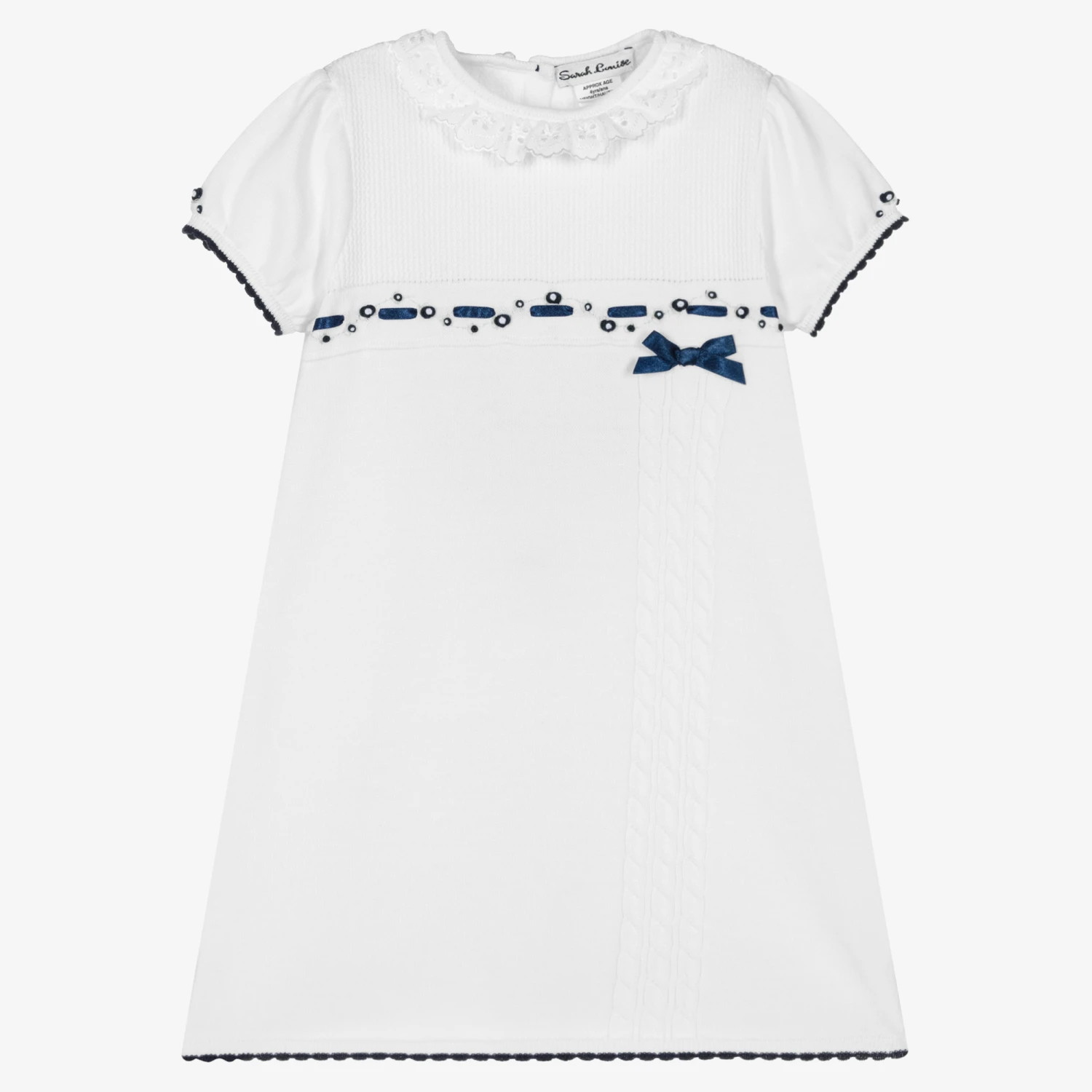 Sarah Louise Girls White & Blue Cotton Knitted Dress 1 Sarah Louise Girls White & Blue Cotton Knitted Dress