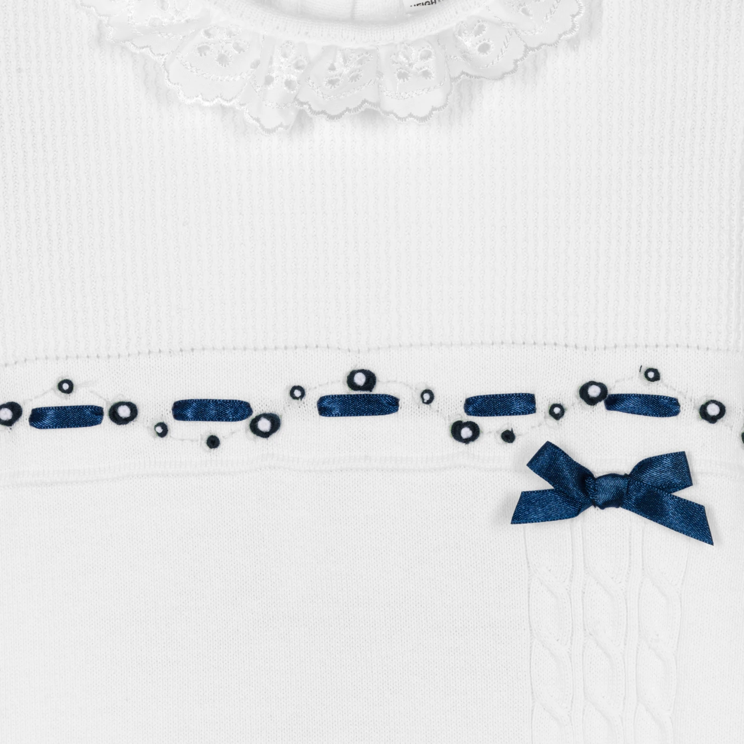 Sarah Louise Girls White & Blue Cotton Knitted Dress 3 Sarah Louise Girls White & Blue Cotton Knitted Dress - Image 3