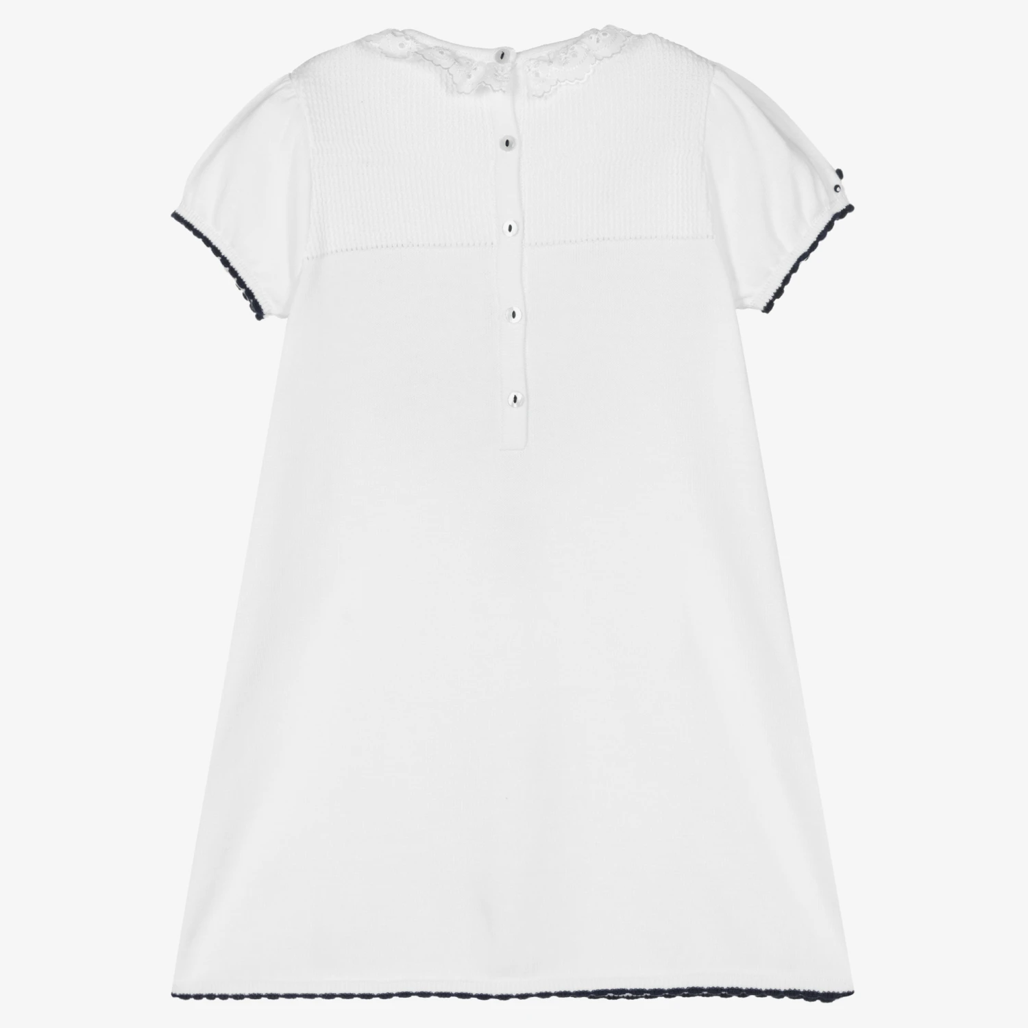 Sarah Louise Girls White & Blue Cotton Knitted Dress 2 Sarah Louise Girls White & Blue Cotton Knitted Dress - Image 2