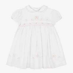 Sarah Louise Girls White Hand-Smocked Cotton Dress