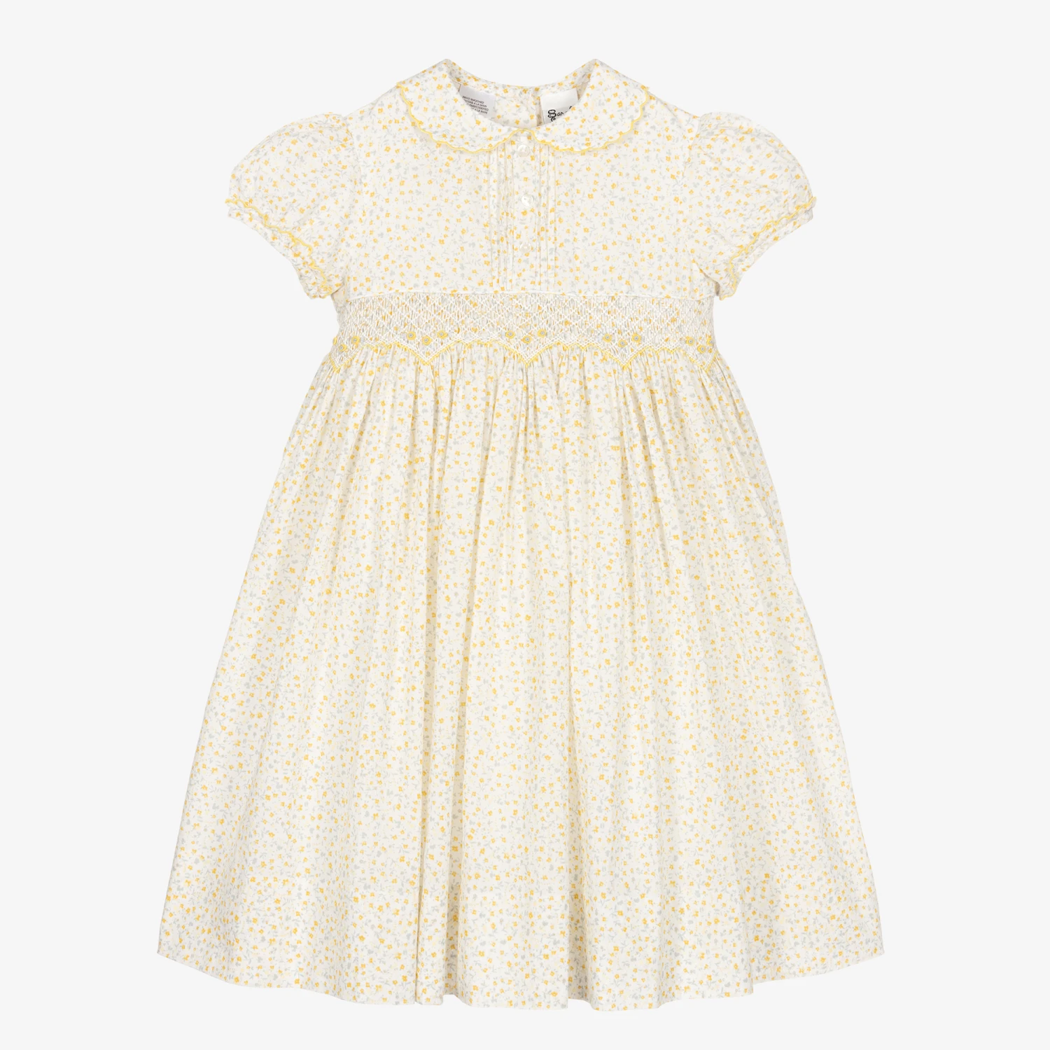 Sarah Louise Girls Yellow Cotton Floral Smocked Dress 1 Sarah Louise Girls Yellow Cotton Floral Smocked Dress
