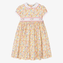 Sarah Louise Girls Yellow Floral Hand-Smocked Dress
