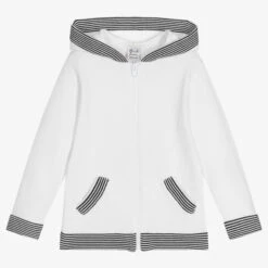 Sarah Louise White Cotton Knit Zip-Up Top